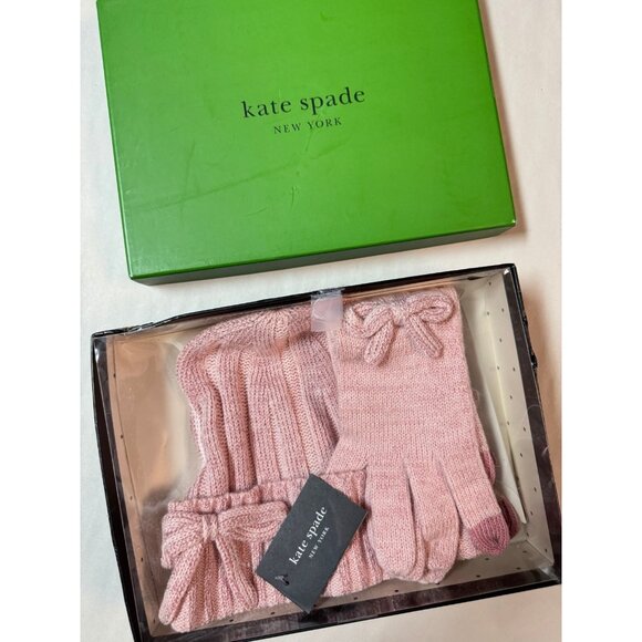 KATE SPADE NY metallic bow women's beanie winter hat + gloves ENGLISH ROSE/PINK - Picture 1 of 4